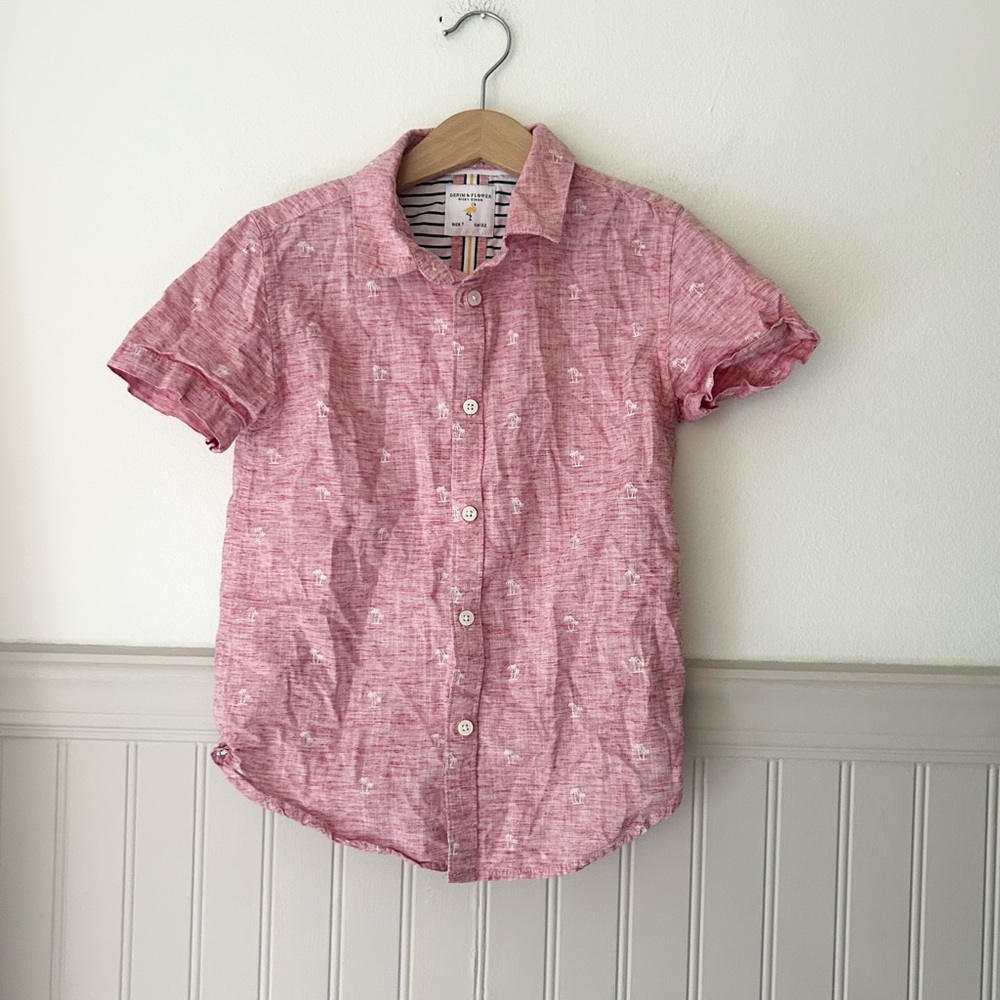 Denim & Flower Pink Palm Tree Short Sleeve Button Down Shirt Boys Size 7
